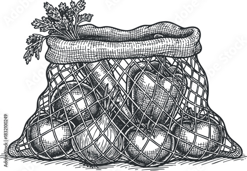 A detailed hand-drawn illustration of a basket filled with fresh vegetables like carrots and onions in vintage sketch style, ideal for culinary projects