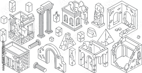 A collection of ancient architecture and ruins in isometric outline vector style, perfect for historical design projects