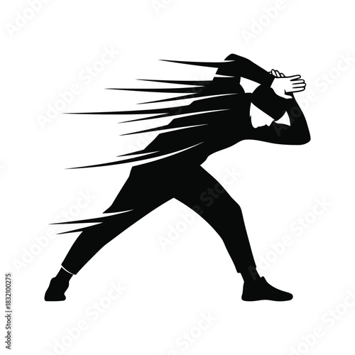 Silhouette of a person with wind swept hair holding a megaphone and shouting loudly