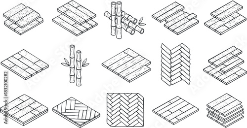A collection of wooden flooring designs and bamboo structures in hand-drawn outline vector style, suitable for architectural projects