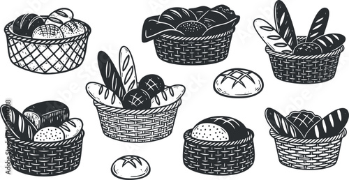 A collection of hand-drawn bakery baskets filled with various breads and pastries in black and white vector style, perfect for culinary designs