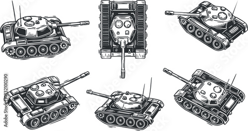 A collection of military tank illustrations in detailed outline vector style, ideal for defense and warfare themed projects