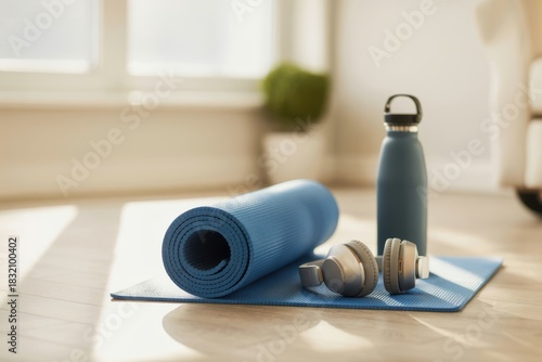 Blue yoga mat with headphones and water bottle rolled yoga mat fitness equipment