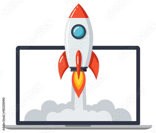 Startup Launch Rocket Taking Off from Laptop Screen Business Success Concept