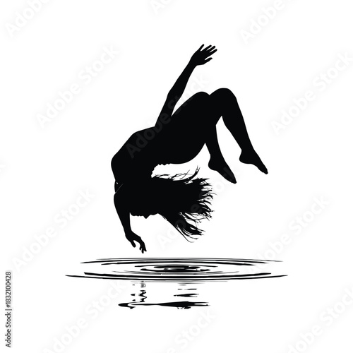 Silhouette of a woman falling backwards into rippling water with her arms outstretched