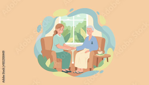 Compassionate caregiver supports senior man wearing purple ribbon in assisted living