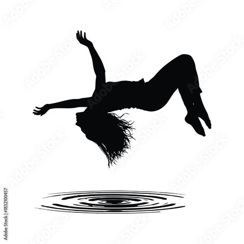 Silhouette of a woman falling or jumping into water creating ripples on a white background