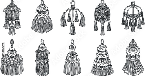A collection of decorative tassels in intricate hand-drawn black and white line art style, ideal for textile design and home decor projects