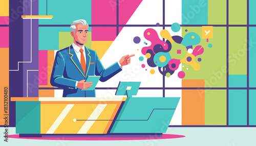 Senior executive presenting abstract colorful data and innovative business concepts in a bright modern setting