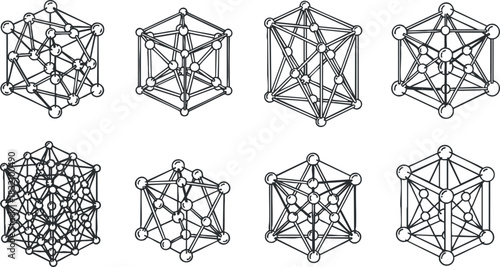 A collection of geometric network structures with interconnected nodes in black and white vector style, ideal for scientific and mathematical illustrations