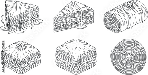 A collection of hand-drawn dessert illustrations featuring various layered cakes and pastries in a minimalist line art style, perfect for culinary design projects