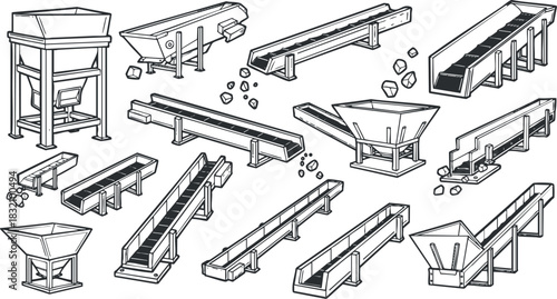A collection of conveyor belts, hoppers, and mining equipment in outline vector style, suitable for industrial and engineering projects