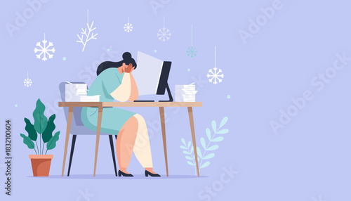 Stressed woman overwhelmed by deadlines and paperwork suffering burnout in the office during winter