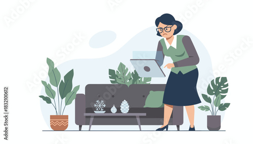 Frustrated woman troubleshooting tech issues on a laptop while working remotely in a modern interior