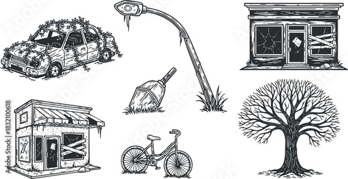 A collection of urban decay illustrations featuring an abandoned car, broken windows, a vintage bicycle, and a tree in black and white outline style, ideal for graphic design projects