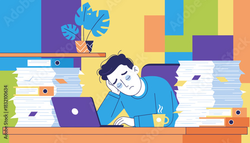 Exhausted worker sleeping at desk overwhelmed by stacks of paperwork and deadlines Burnout concept