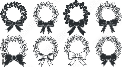 A set of eight decorative wreaths with bows in black and white outline vector style, ideal for holiday and event design