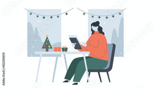 Woman using tablet at a desk surrounded by festive Christmas decorations and a snowy window view