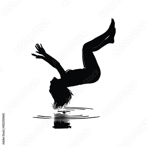 Silhouette of a woman gracefully falling into water creating ripples and reflection against a white background