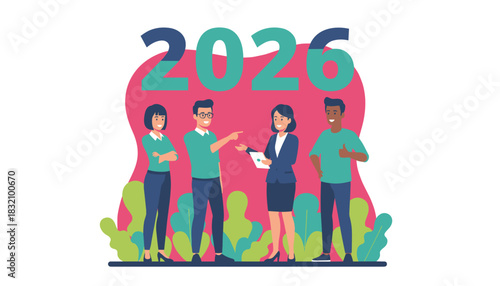 Diverse business team collaborating beneath 2026 Planning future goals and corporate success