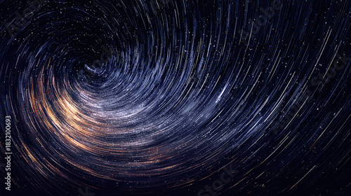 A breathtaking view of the starry sky. Star trails beautifully swirl in the night sky, showcasing the celestial movement 