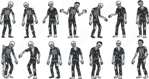 A collection of zombie characters in black and white outline vector style, suitable for Halloween-themed designs and illustrations