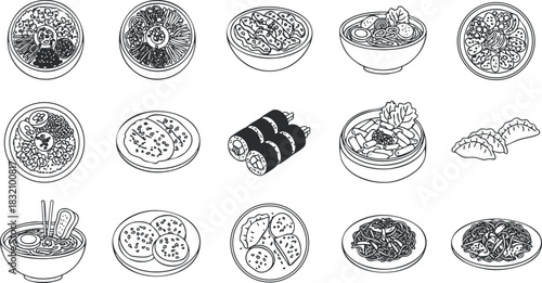A collection of various Asian food dishes in outline style, featuring sushi, ramen, dumplings, and more, ideal for culinary designs