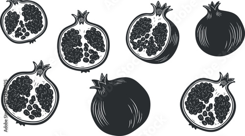A collection of pomegranates including whole and sliced varieties in detailed black and white sketch vector style, perfect for health and food designs