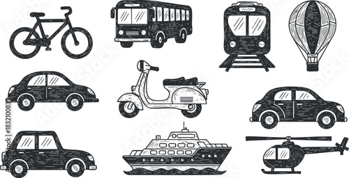 A collection of various transportation vehicles including cars, a bus, a bicycle, a train, a hot air balloon, and more in black and white sketch style, perfect for travel-themed designs