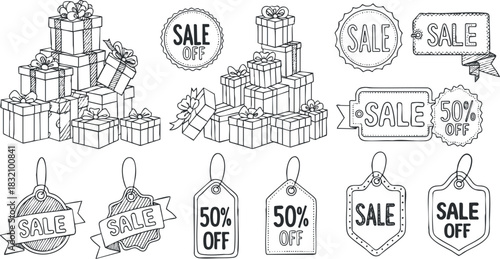 A collection of sale tags and gift boxes in black and white outline vector style, ideal for marketing and promotional materials