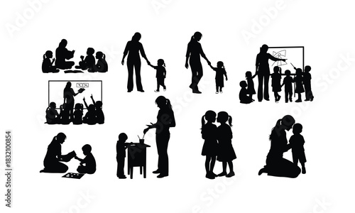 Diverse group of kindergarten children interacting with their teacher in various poses presented as a clean silhouette isolated on white background