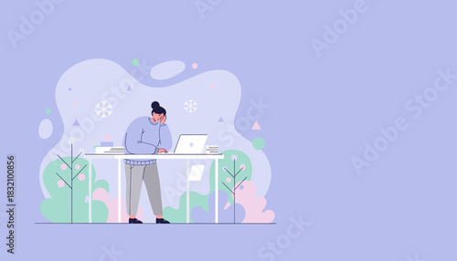 Winter sadness Woman stressed by work at a standing desk with laptop