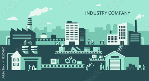 Industrial manufacturing company illustration factories conveyor belts workers and urban skyline