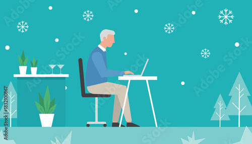 Senior man remote working on a laptop from a modern home office during a stylized winter snowfall