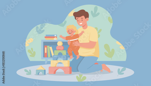 Loving dad holds his smiling toddler while playing with wooden blocks at home