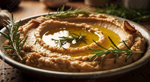 Fototapeta Naklejka Na Ścianę i Meble -  Creamy hummus topped with olive oil and fresh rosemary sprigs served in a rustic bowl