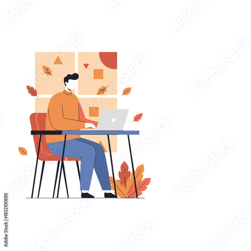 Freelancer working remotely on a laptop in a cozy autumn home office setting Productivity concept
