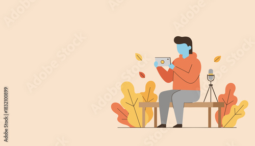 Content creator records video outdoors using a tablet and microphone setup