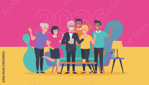 Diverse team celebrates the future goals of 2026 in a colorful meeting room