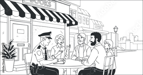 A community meeting with a police officer and citizens in black and white vector style, suitable for social awareness projects
