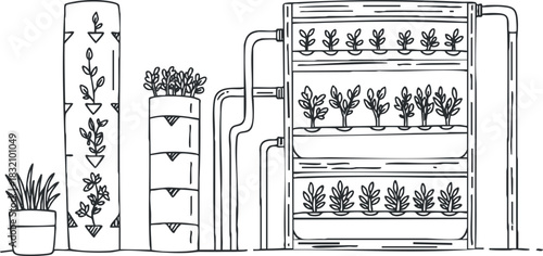 A vertical garden with various plants in pots and planters in minimalist line art style, perfect for home decor and gardening projects