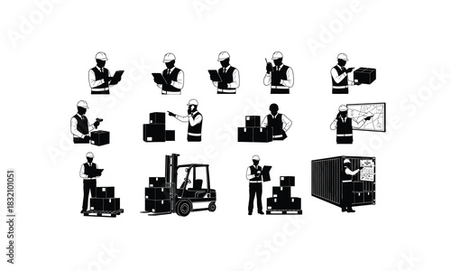 Logistics manager in various poses checking shipment details depicted as a silhouette on a clean white background representing efficient supply chain management isolated on white background