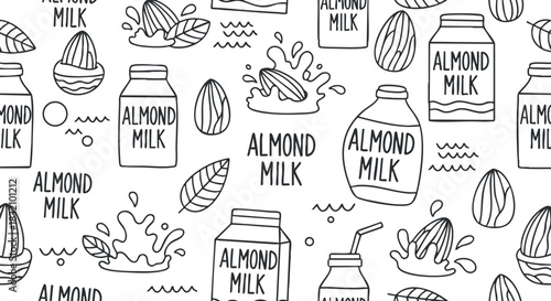 A pattern of almond milk bottles, almonds, and splashes in black and white outline vector style, suitable for food packaging and branding
