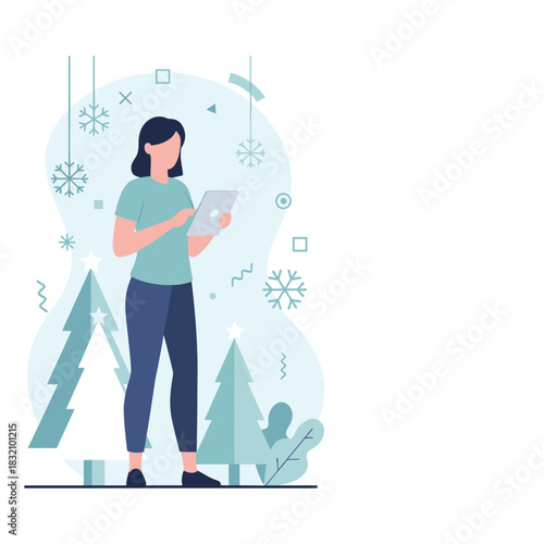 Woman using a tablet surrounded by winter decorations Christmas shopping and technology concept