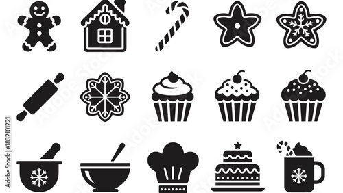 Black and white vector image of christmas baking and cooking elements