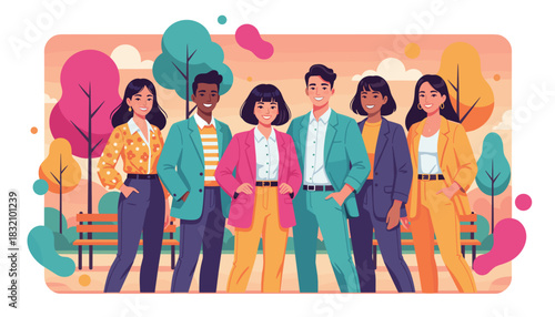 Diverse professional team smiling brightly outdoors Partnership inclusion and business success