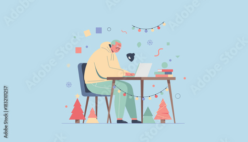 Senior man working on a laptop at a festive desk illustrating holiday remote work or deadlines