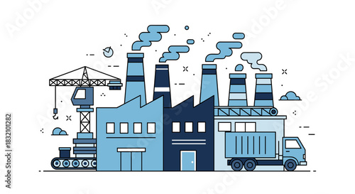 Industrial factory complex line illustration with smokestacks crane and truck Manufacturing and logistics