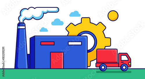 Cartoon factory gear and delivery truck showing manufacturing production and logistics