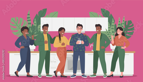 Diverse team smiling in a modern office break room emphasizing teamwork friendship and success